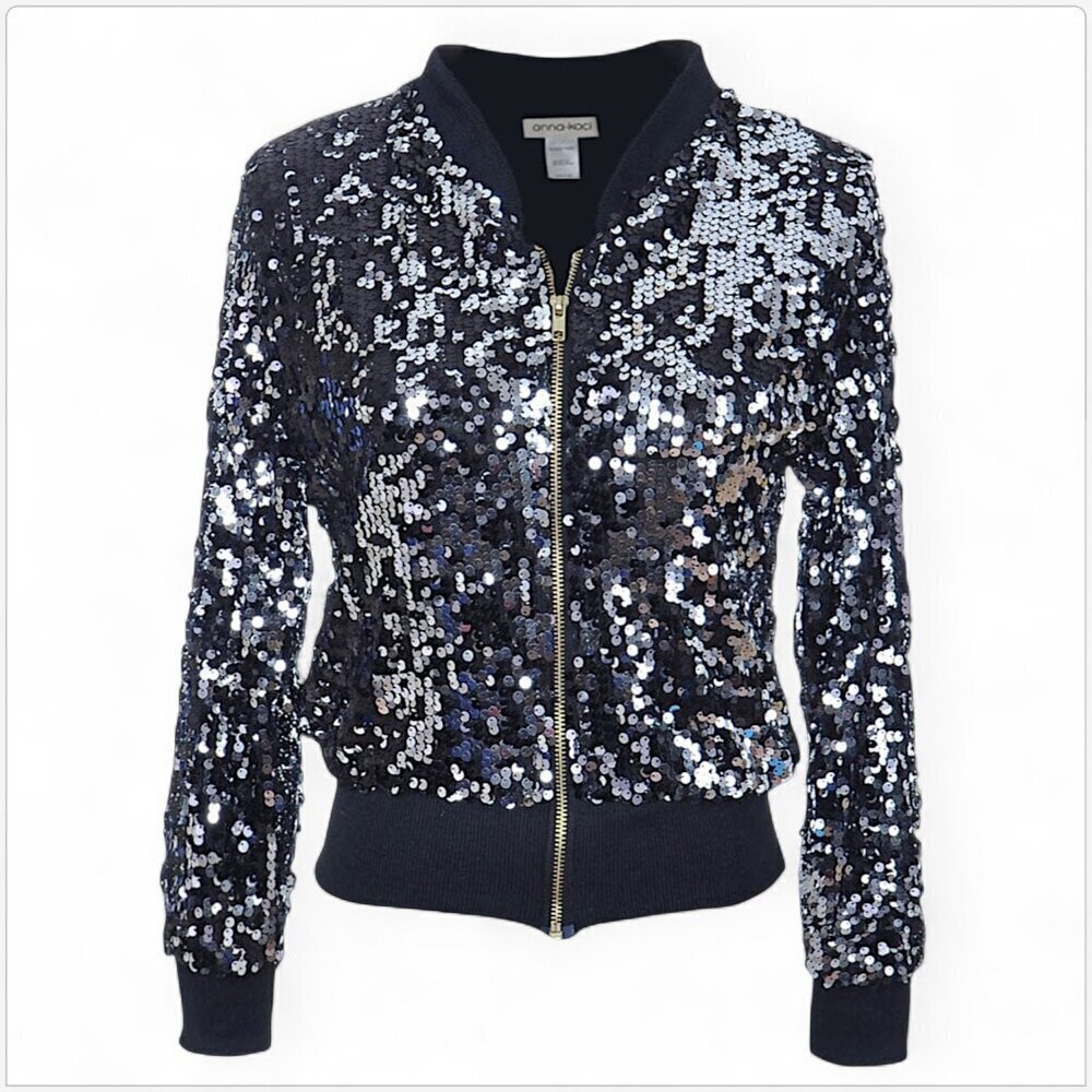 Anna Kaci Black Silver Metallic Sequin Zip Up Front Bomber Jacket NWT New S